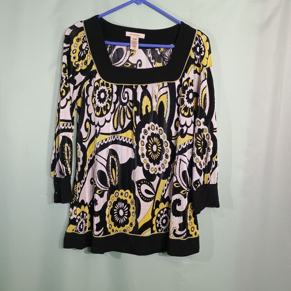 Covington Women’s Black Yellow Floral Tunic Top – Square Neck 3/4 Sleeve Blouse